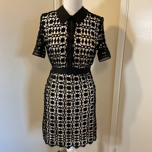 Aqua Black Lace Floral Cocktail Dress with Sheer Under-layer Size M - Picture 2 of 9